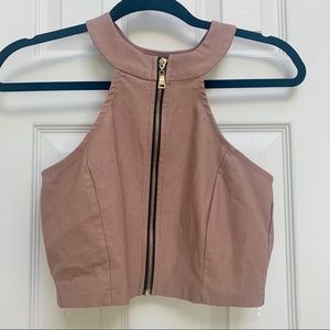 Hot Going Out Tan Crop Top with Zipper Small